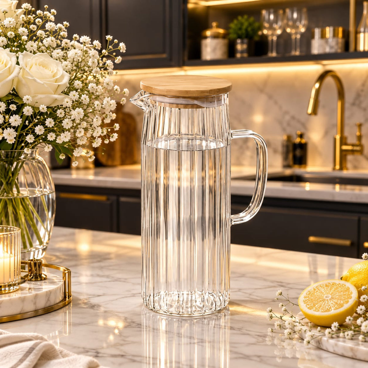 Clear ribbed glass water pitcher 1L filled with fresh water on marble kitchen counter.