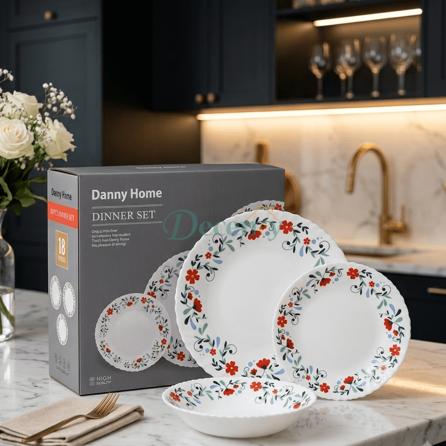Danny Home 18-piece dinner set in grey original box packaging on a marble countertop