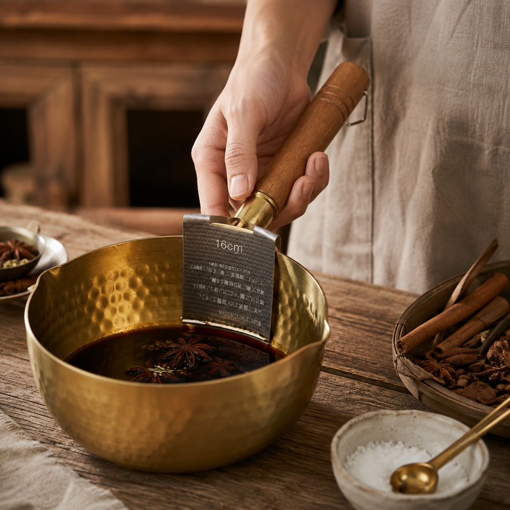 Hammered Brass Saucepan with Wooden Handle
