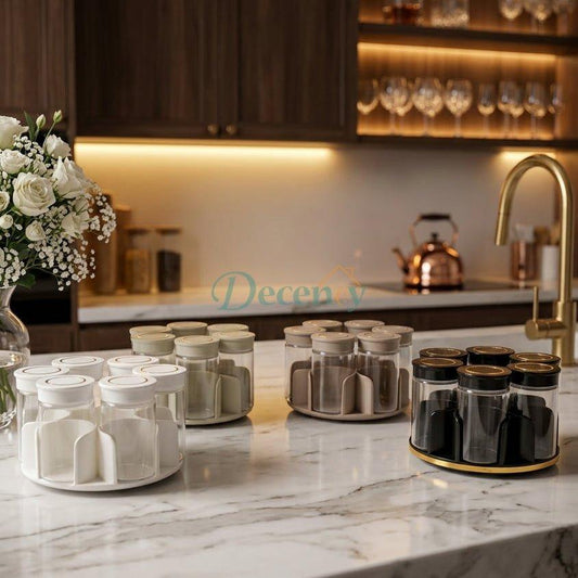 360 Rotating Glass Spice Jar Rack Set for Kitchen Countertop