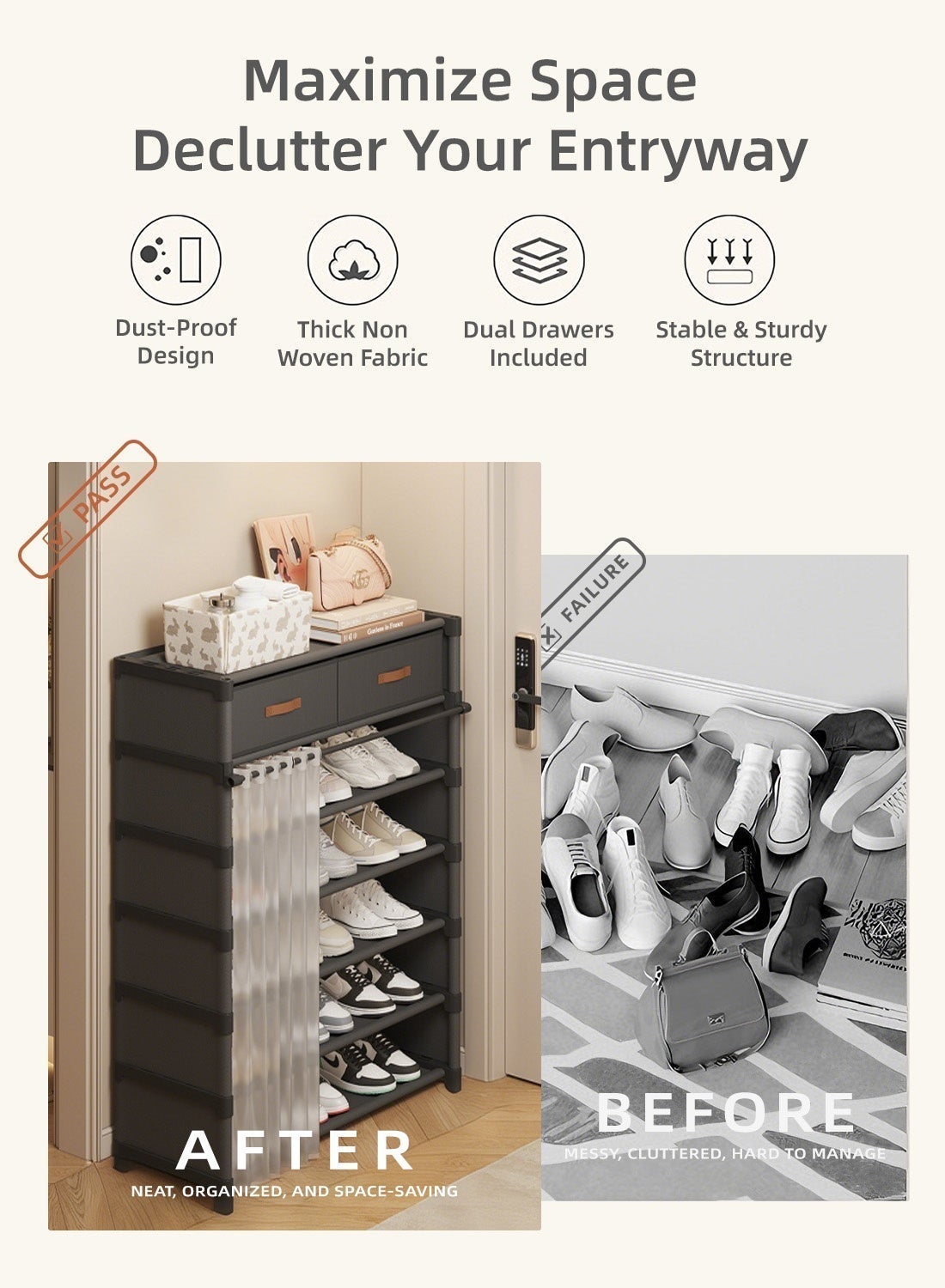 Multi-Layer Shoe Rack Stand Cabinet with Drawers & Dustproof Cover