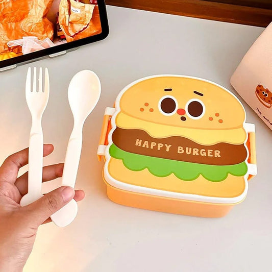Cute Burger Shape Kids Lunch Box with Spoon & Fork