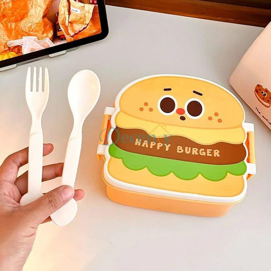 Cute Burger Shape Kids Lunch Box with Spoon & Fork