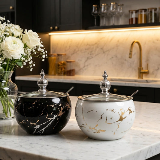 Luxury Marble Finish Sugar Pot with Lid & Spoon