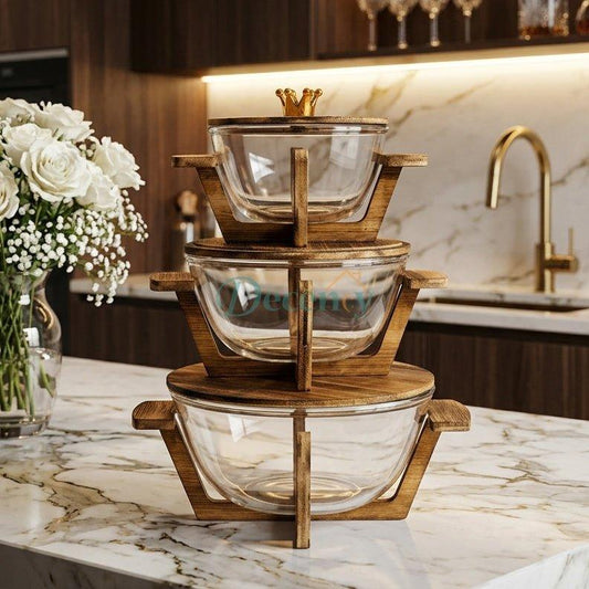 Luxury Glass Serving Bowl Set with Wooden Stand & Lids