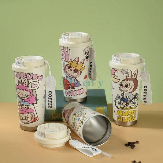 Labubu Cute Cartoon Coffee Thermos Leakproof Portable Travel Mug with Lid