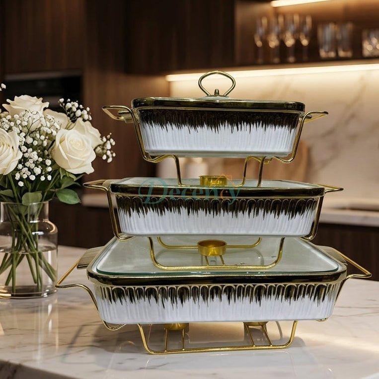 Luxury Ceramic Buffet Chafing Dish Set with Gold Stand (3 Piece)