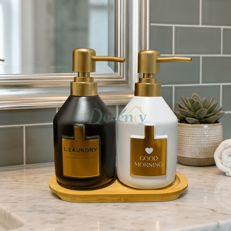 Modern Design Soap Dispenser Set with Wooden Base (2 Pack)