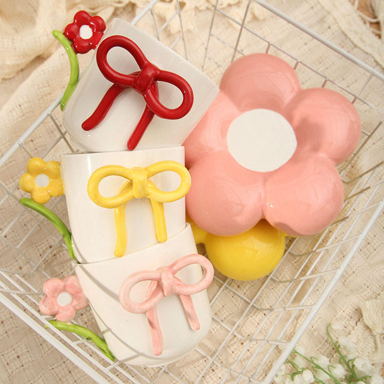 Cute Flower Saucer Ceramic Coffee Mug with Bow & Floral Handle (1 Pc)