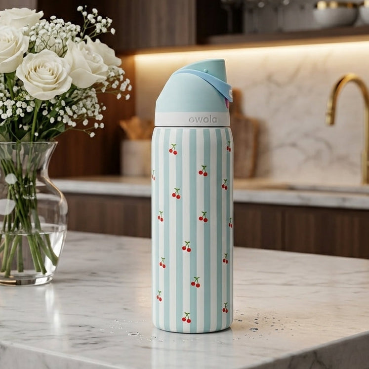 Owala FreeSip 32 oz Insulated Water Bottle – Cherry Striped Design
