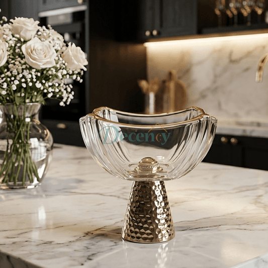 Luxury Crystal Fruit Bowl with Gold Hammered Pedestal Stand