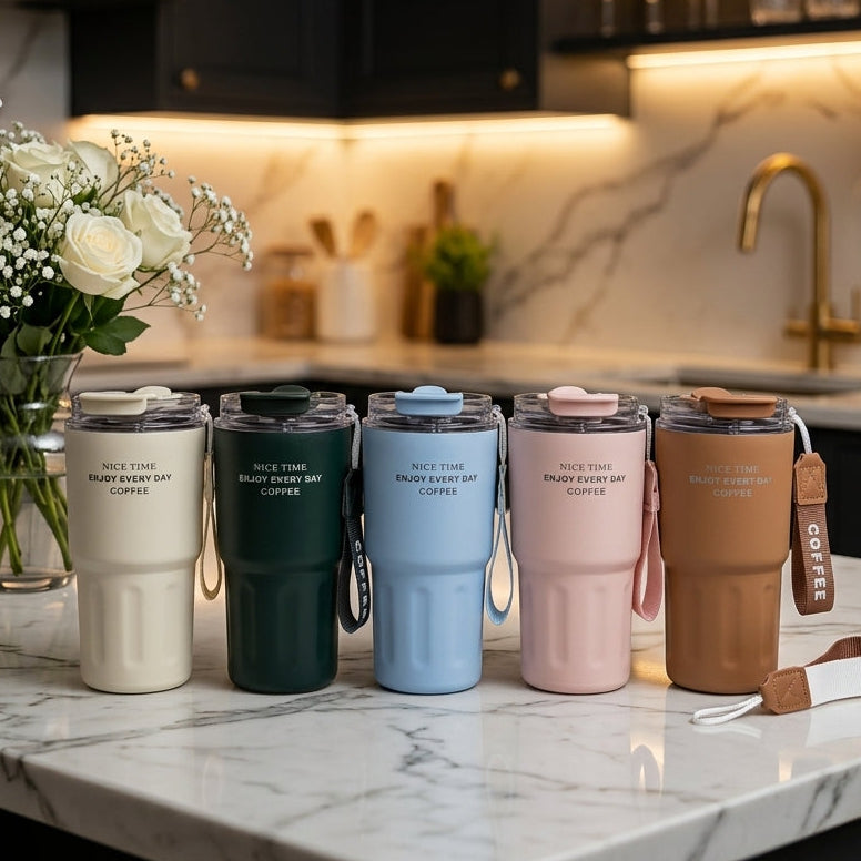 MSZM Insulated Stainless Steel Coffee Travel Mug with Strap