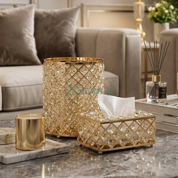 Luxury 2 Pcs Metal Crystal Dustbin & Tissue Box Set - Gold