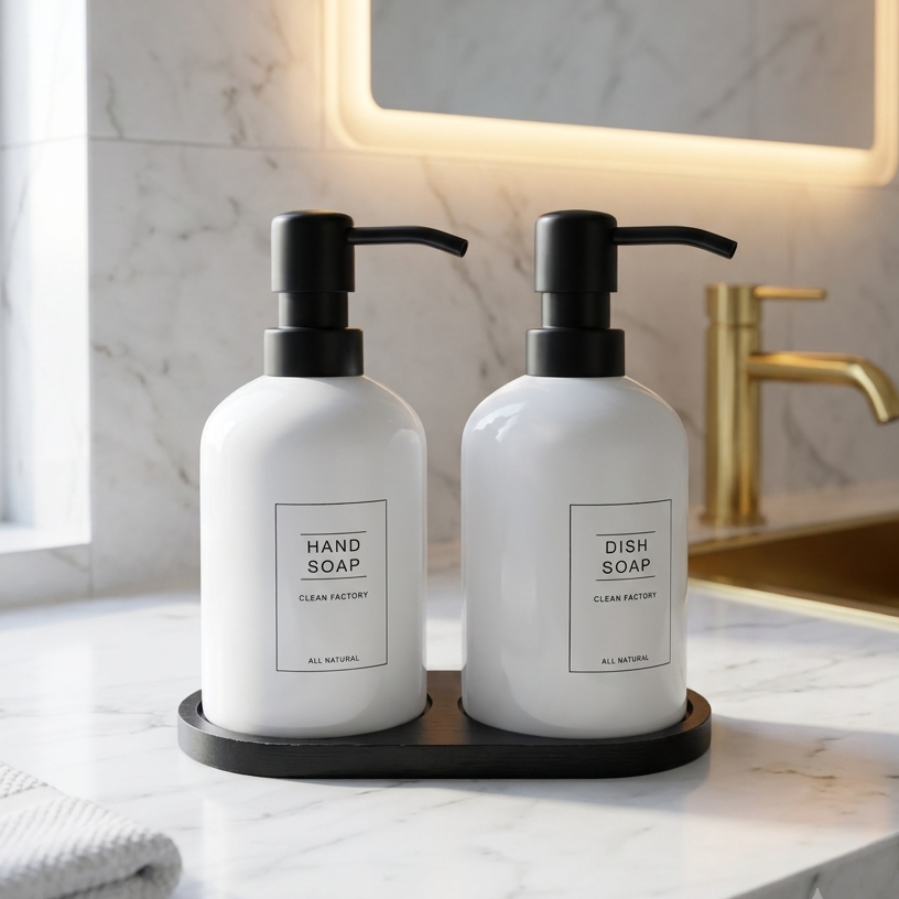 Modern White Ceramic Soap Dispenser Set with Tray (2 Pack)