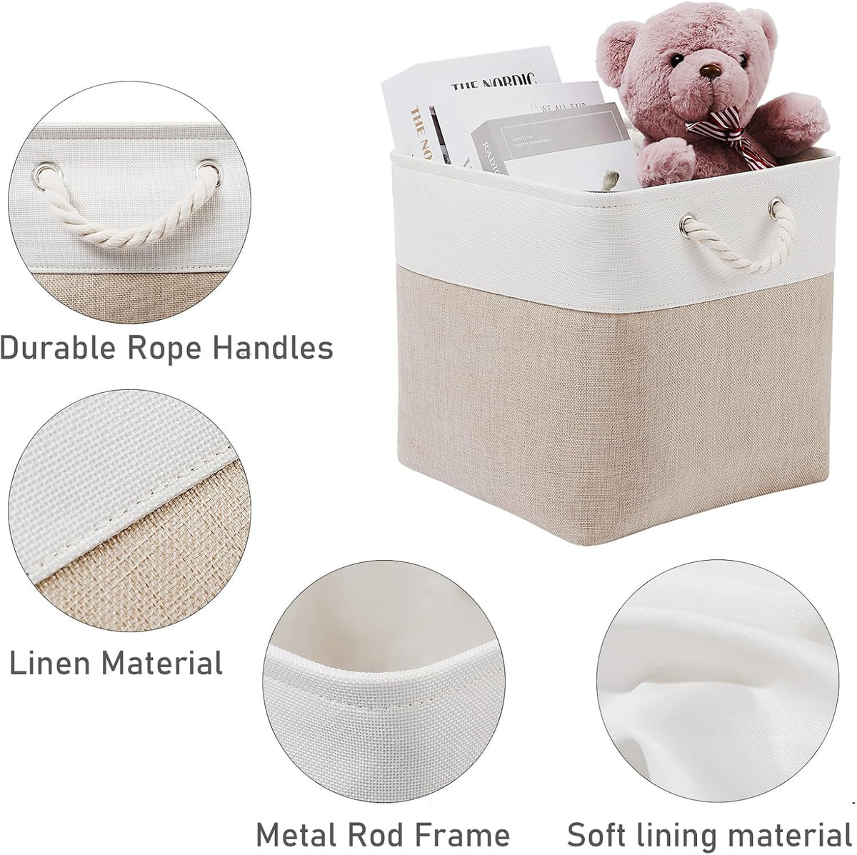White & Beige Fabric Storage Box Organizer with Handles