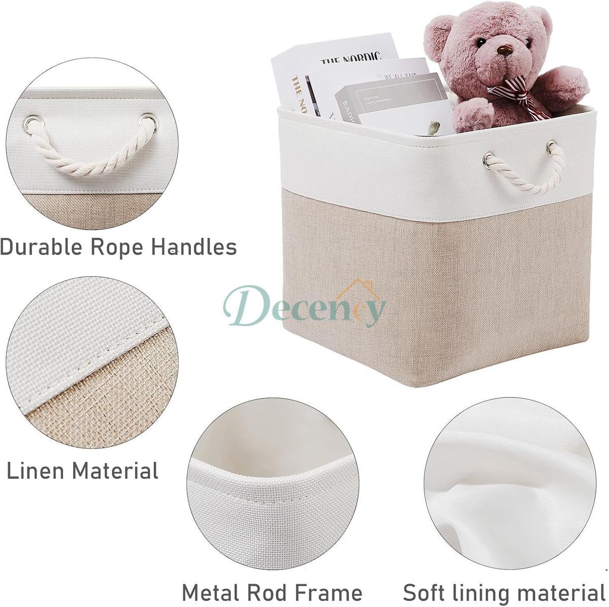 White & Beige Fabric Storage Box Organizer with Handles