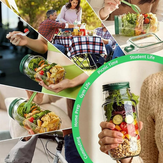 Glass Salad Jar with Fork Holder & Air Tight Lid