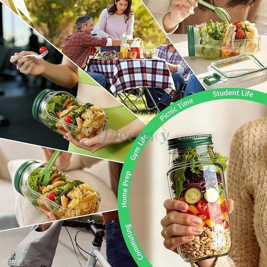 Glass Salad Jar with Fork Holder & Air Tight Lid