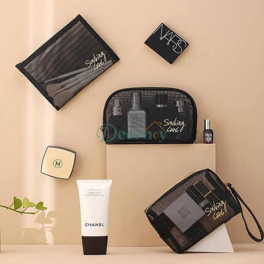 5 Pcs Transparent Cosmetic Bag Set – Black Mesh Makeup Pouch