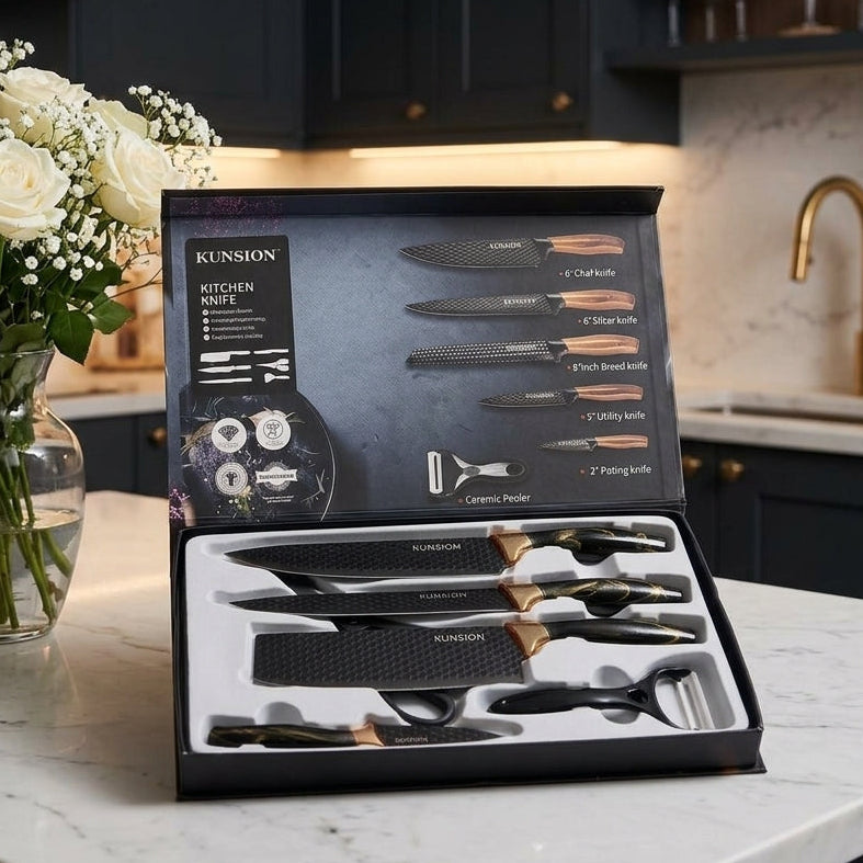 Kunsion 6-Piece Stainless Steel Knife Set with Ergonomic Black Handle