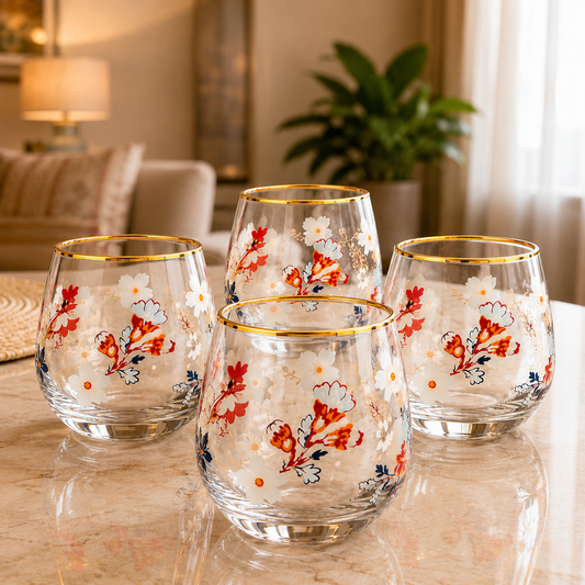 Danny Home 4 Pcs Floral Gold Rim Water Glass Set - 345ml