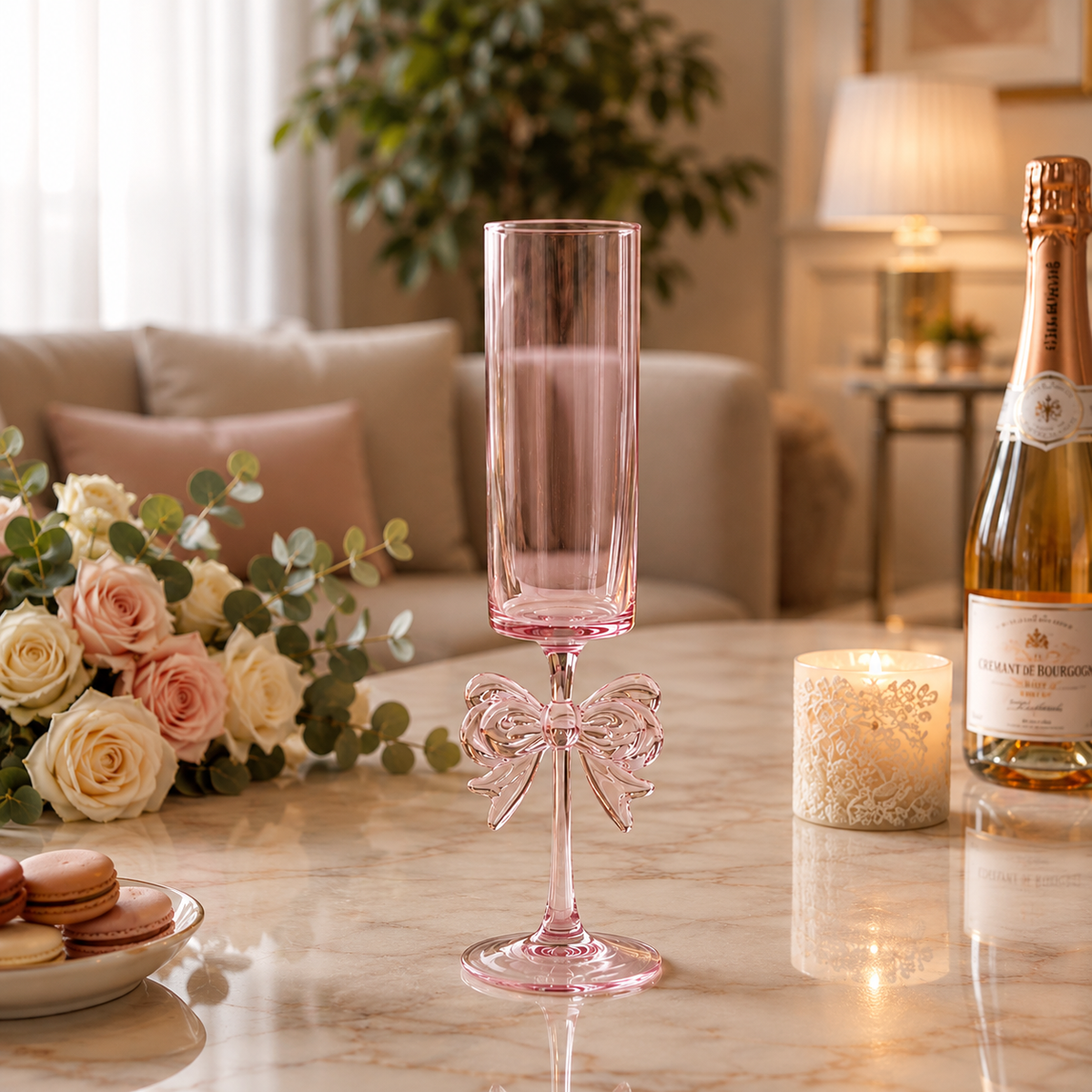 Elegant Pink Ribbon Bow Slim Glass Flute