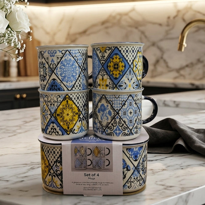 Luxury Printed Ceramic Tea Mugs Set of 4 – Royal Blue & Gold