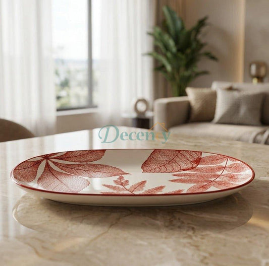 Red Leaf Print Oval Ceramic Serving Platter