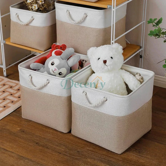 White & Beige Fabric Storage Box Organizer with Handles
