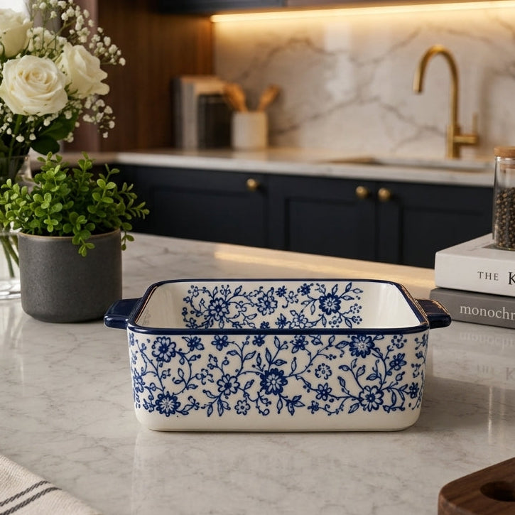 Danny Home 7" Blue Floral Porcelain Baking Dish – Ceramic Bakeware