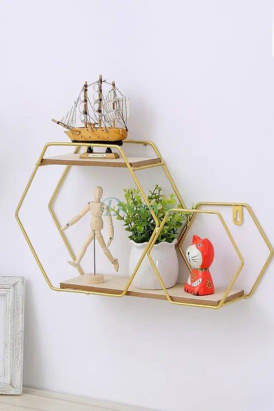 Golden Hexagon Floating Wall Shelf - 2 Tier Metal Storage Rack