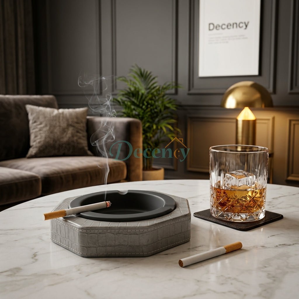 Luxury Leather & Stainless Steel Cigar Ashtray for Home and Office