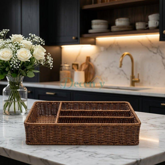 Woven Rattan Cutlery Tray & Drawer Organizer for Kitchen Countertop