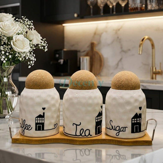 Ceramic Tea Coffee Sugar Jar Set with Wooden Tray & Cork Lids
