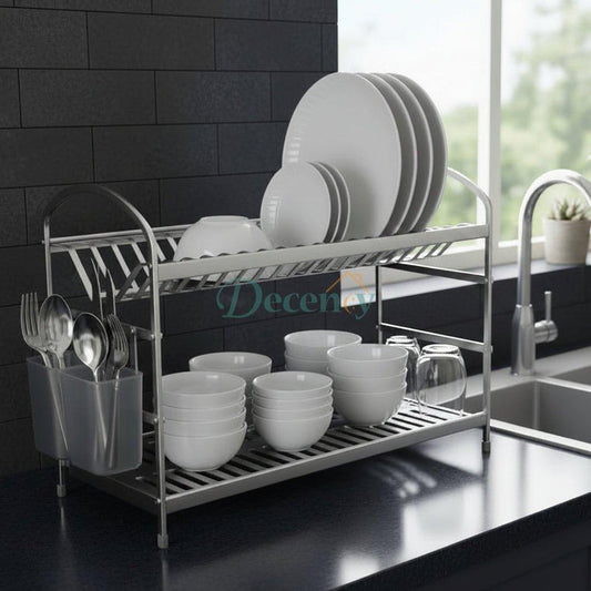 2-Tier Stainless Steel Dish Drying Rack with Cutlery Holder