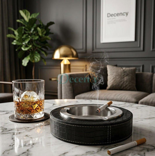 Luxury Leather & Stainless Steel Cigar Ashtray for Home and Office