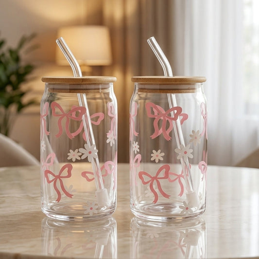 Danny Home 2Pcs Pink Bow Glass Tumbler Set with Bamboo Lid & Straw