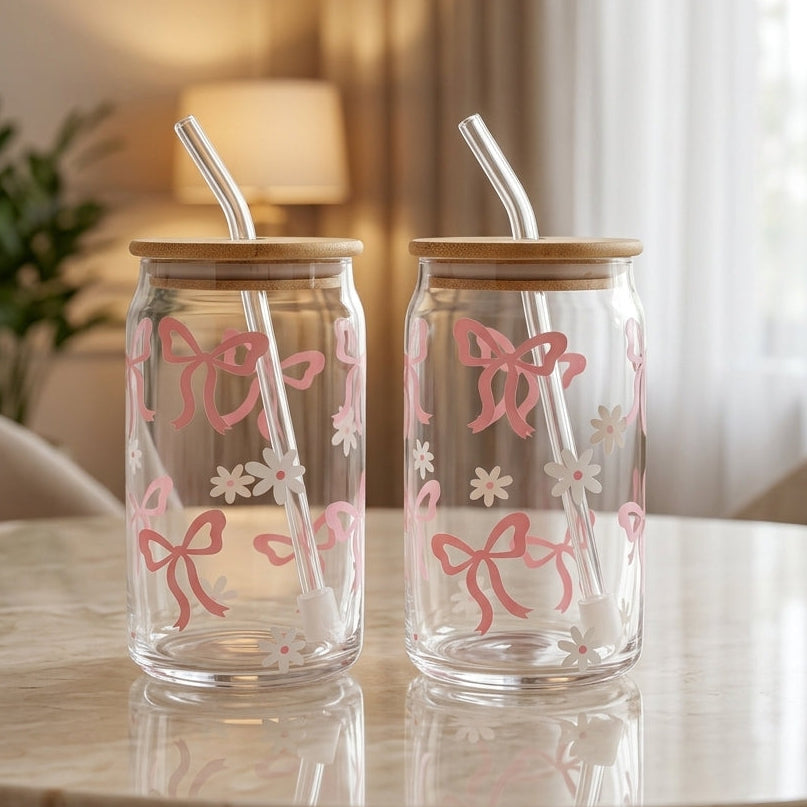 Danny Home 2Pcs Pink Bow Glass Tumbler Set with Bamboo Lid & Straw