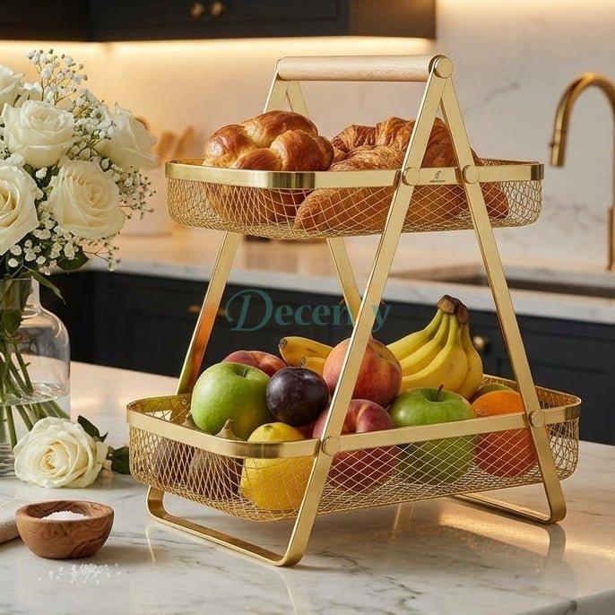 2-Tier Gold Wire Mesh Fruit & Bread Basket with Wooden Handle