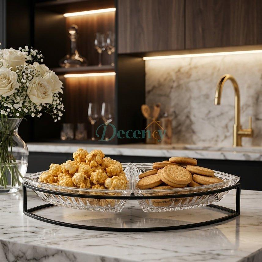 Danny Home 2-Section Glass Snack Bowl Set with Metal Stand