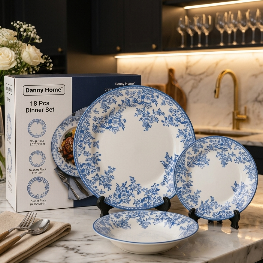 Danny Home 18-Piece Royal Sapphire Ceramic Dinnerware Set