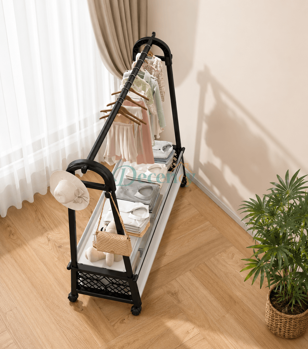 Movable Standing Clothes Rack with Wheels & Storage | Heavy Duty