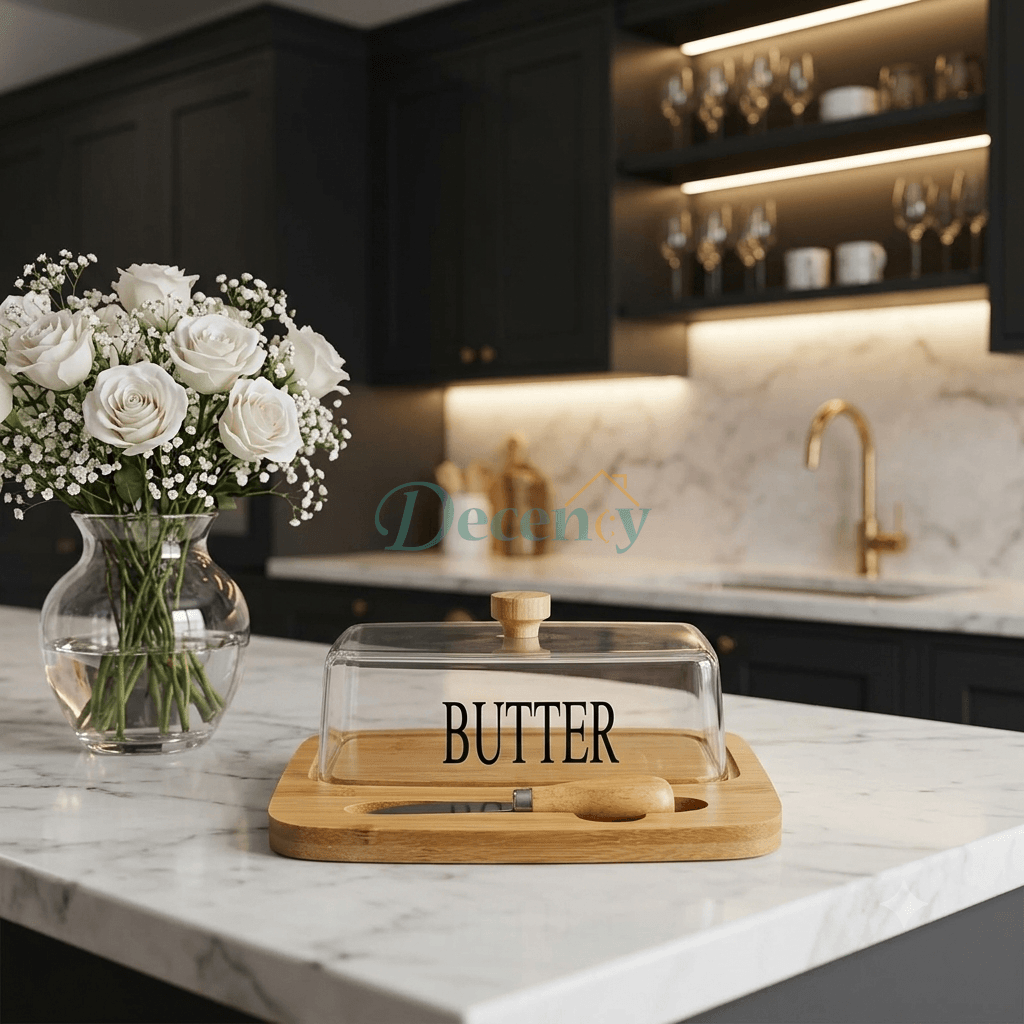 Rectangular Glass Butter Dish with Bamboo Tray & Spreader Knife