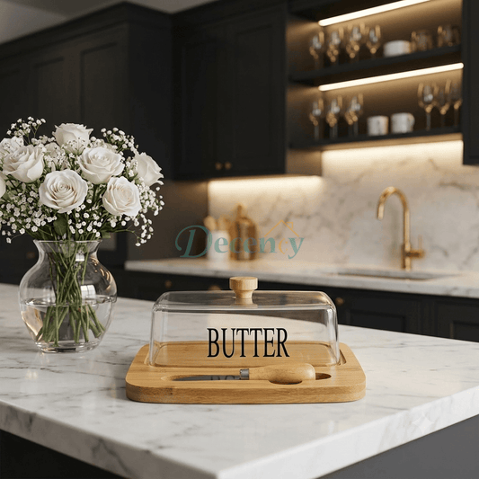 Rectangular Glass Butter Dish with Bamboo Tray & Spreader Knife