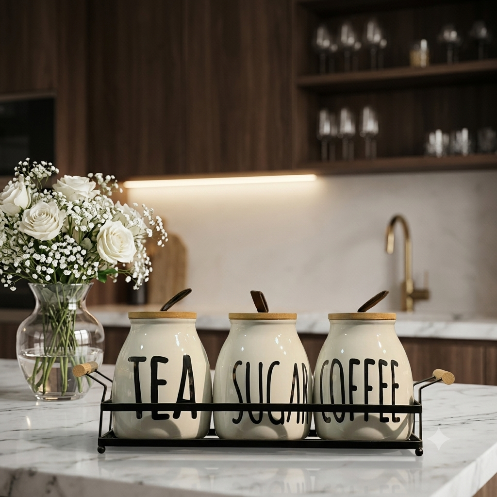 3 Ceramic Tea Coffee Sugar Jar Set with Metal Stand