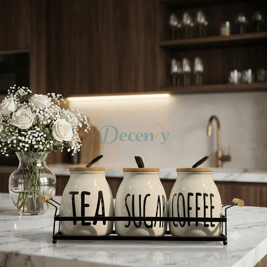 3 Ceramic Tea Coffee Sugar Jar Set with Metal Stand