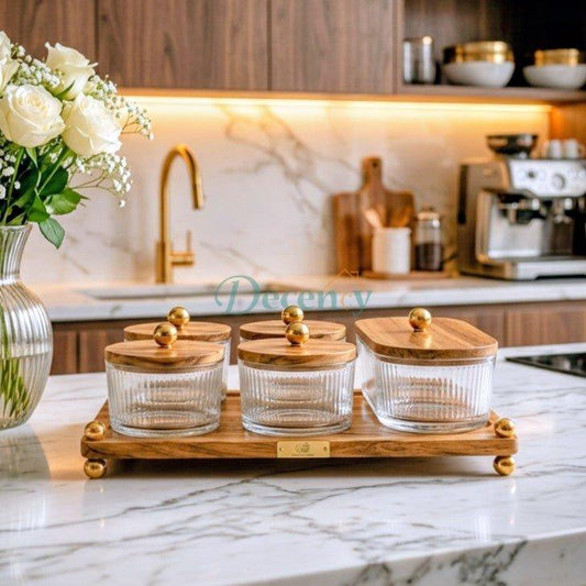 Luxury Fluted Glass Spice & Condiment Jar Set with Wooden Tray