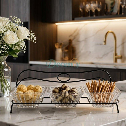Danny Home 3 Section Glass Snack Bowl Set with Metal Stand (250ml)