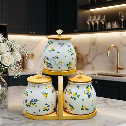 Luxury Floral Ceramic Spice Jar Set with Wooden Stand (3-Piece)