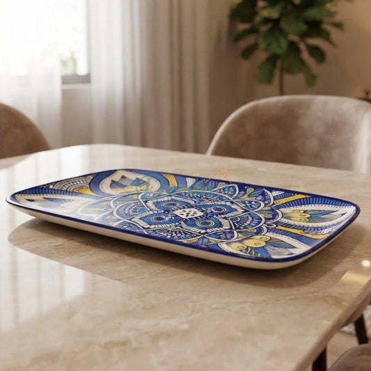 Blue Ceramic Rectangular Serving Platter - Multan Design